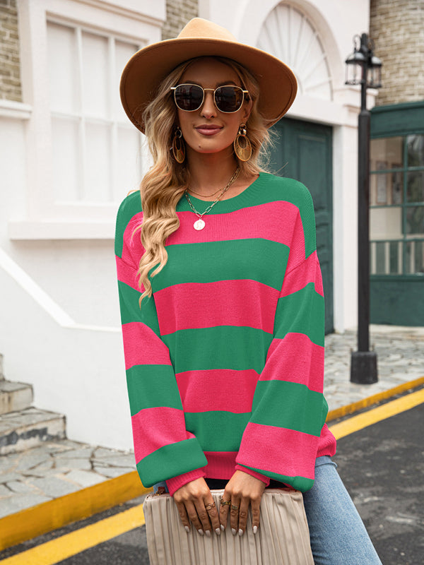 Sweaters-Drop Shoulder Striped Sweater | Casual Knit Jumper-Pekosa Women Clothing