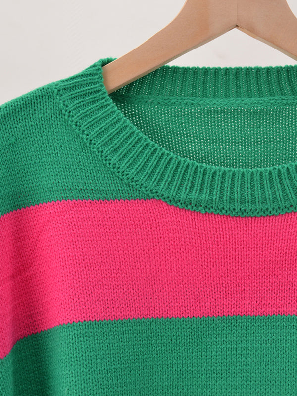 Sweaters-Drop Shoulder Striped Sweater | Casual Knit Jumper-Pekosa Women Clothing