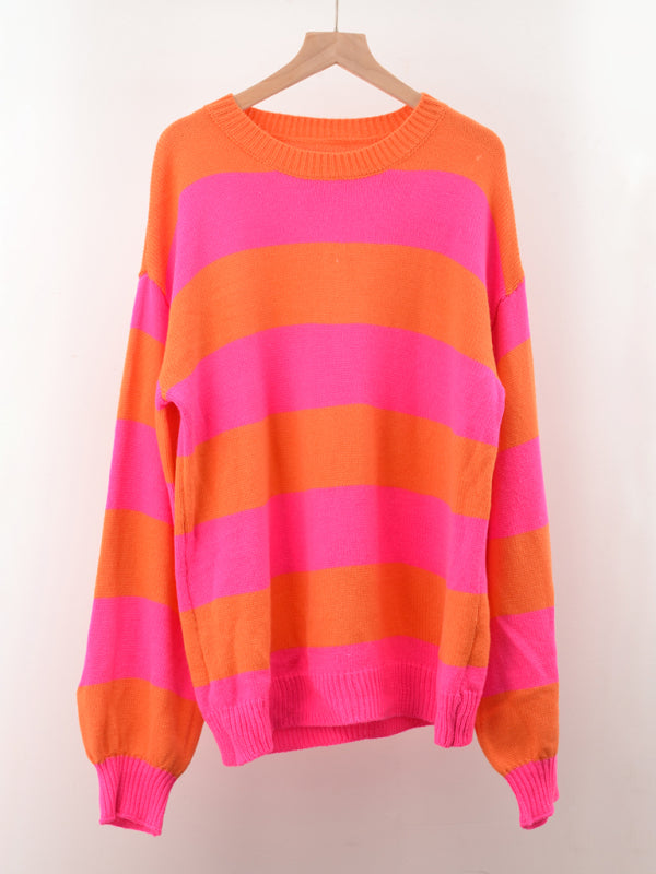 Sweaters-Drop Shoulder Striped Sweater | Casual Knit Jumper-Pekosa Women Clothing