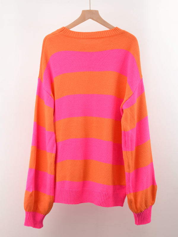 Sweaters-Drop Shoulder Striped Sweater | Casual Knit Jumper-Pekosa Women Clothing