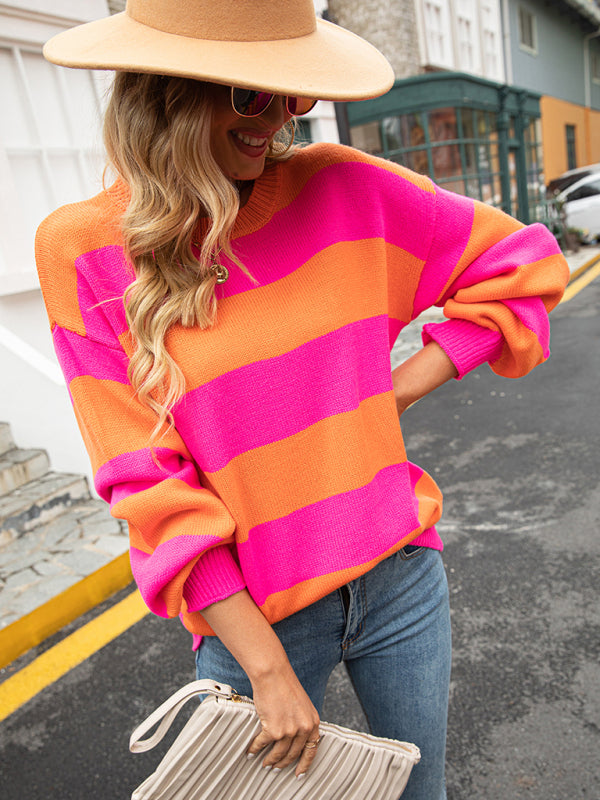 Sweaters-Drop Shoulder Striped Sweater | Casual Knit Jumper-Pekosa Women Clothing