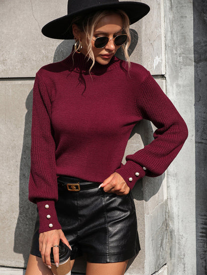 Sweaters- Elegant Beaded Turtleneck Sweater - Contrast Knit Sleeves Pullover- Wine Red- IndioGear Fashion and Gear