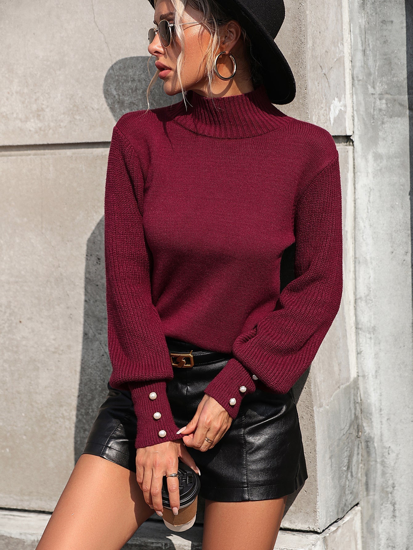 Sweaters- Elegant Beaded Turtleneck Sweater - Contrast Knit Sleeves Pullover- - IndioGear Fashion and Gear