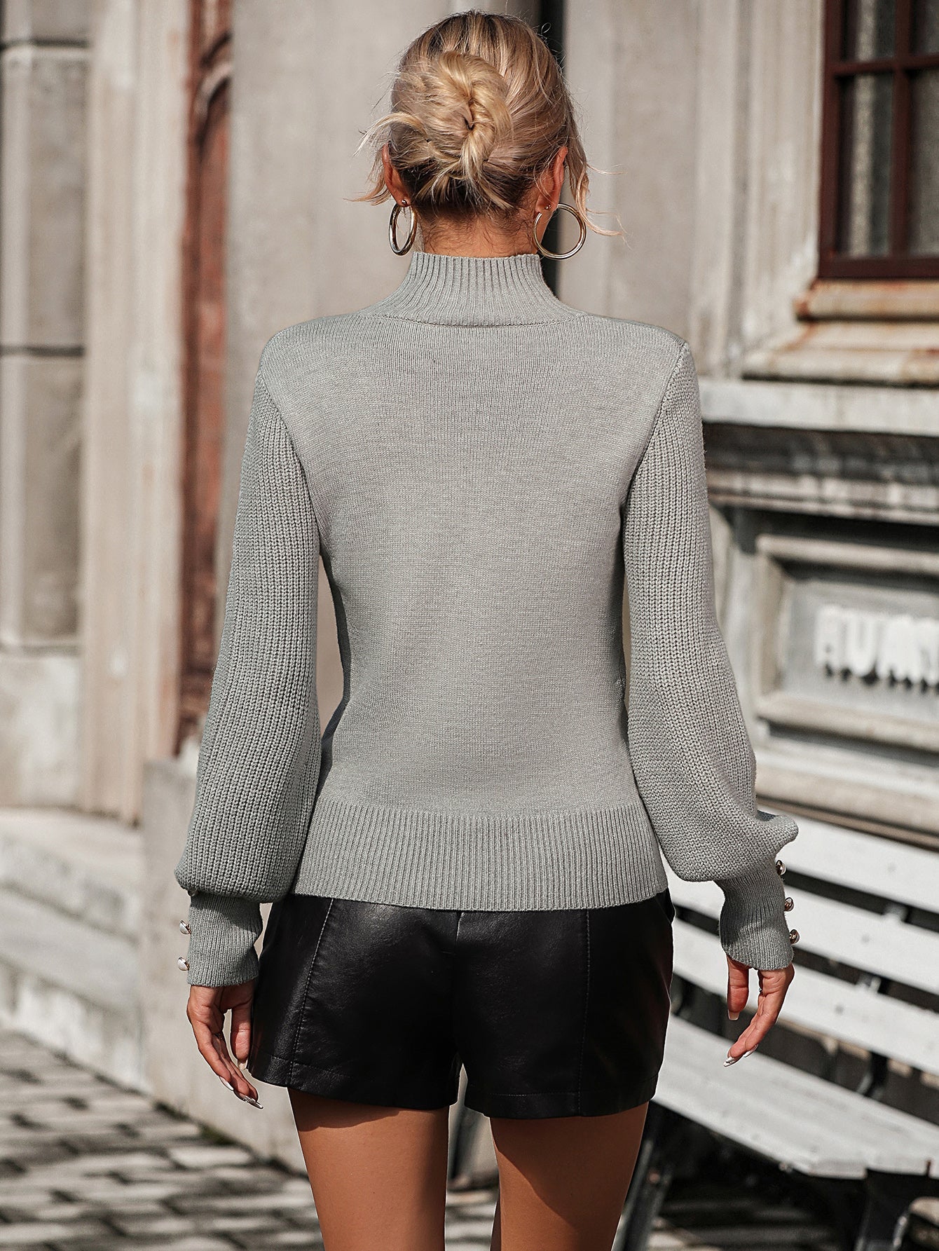 Sweaters- Elegant Beaded Turtleneck Sweater - Contrast Knit Sleeves Pullover- - IndioGear Fashion and Gear