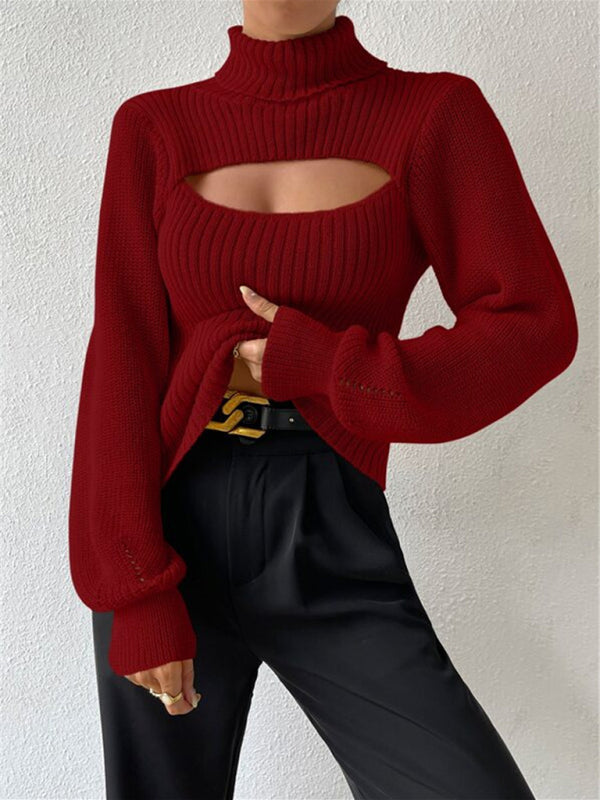 Sweaters- Elegant Rib-Knit Turtleneck Sweater with Cutout Front- - IndioGear Clothing and Gear