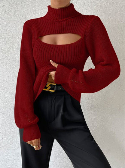 Sweaters- Elegant Rib-Knit Turtleneck Sweater with Cutout Front- - IndioGear Clothing and Gear