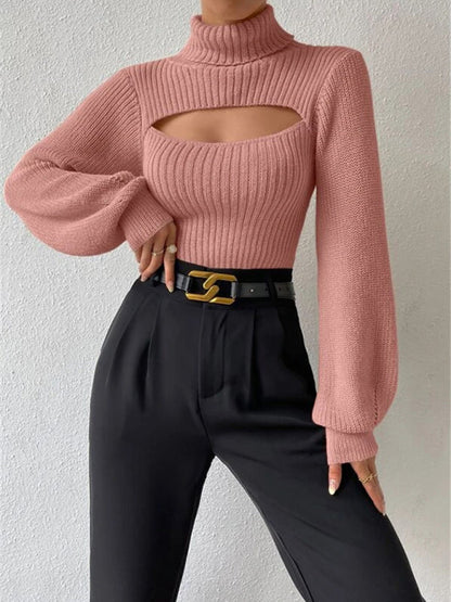 Sweaters- Elegant Rib-Knit Turtleneck Sweater with Cutout Front- Pink- IndioGear Clothing and Gear