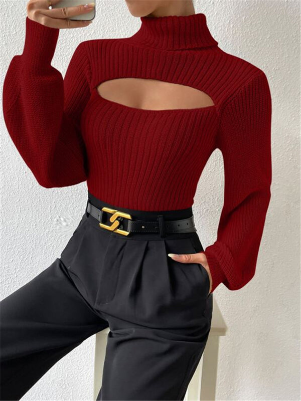 Sweaters- Elegant Rib-Knit Turtleneck Sweater with Cutout Front- - IndioGear Clothing and Gear