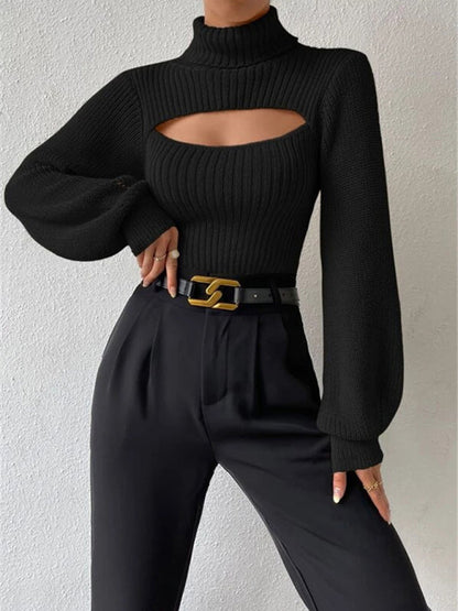 Sweaters- Elegant Rib-Knit Turtleneck Sweater with Cutout Front- Black- IndioGear Clothing and Gear