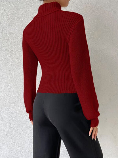 Sweaters- Elegant Rib-Knit Turtleneck Sweater with Cutout Front- - IndioGear Clothing and Gear