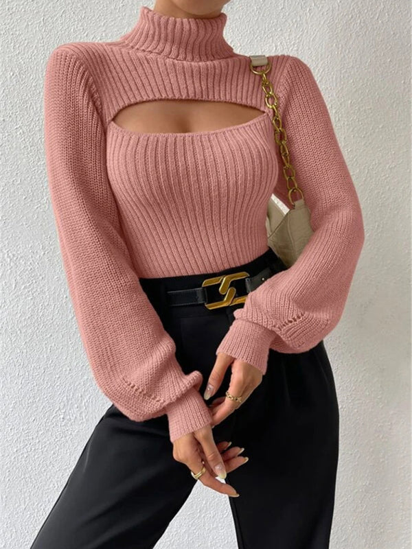 Sweaters- Elegant Rib-Knit Turtleneck Sweater with Cutout Front- - IndioGear Clothing and Gear