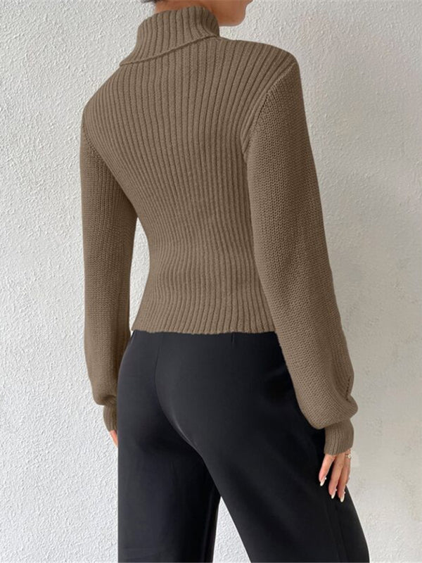 Sweaters- Elegant Rib-Knit Turtleneck Sweater with Cutout Front- - IndioGear Clothing and Gear