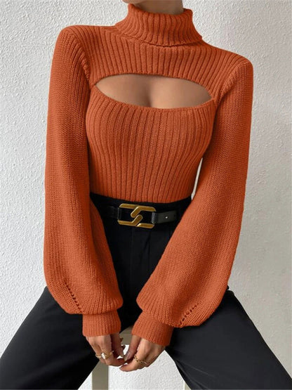 Sweaters- Elegant Rib-Knit Turtleneck Sweater with Cutout Front- - IndioGear Clothing and Gear