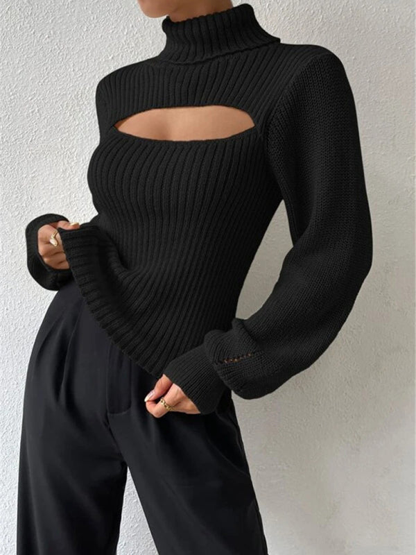 Sweaters- Elegant Rib-Knit Turtleneck Sweater with Cutout Front- - IndioGear Clothing and Gear