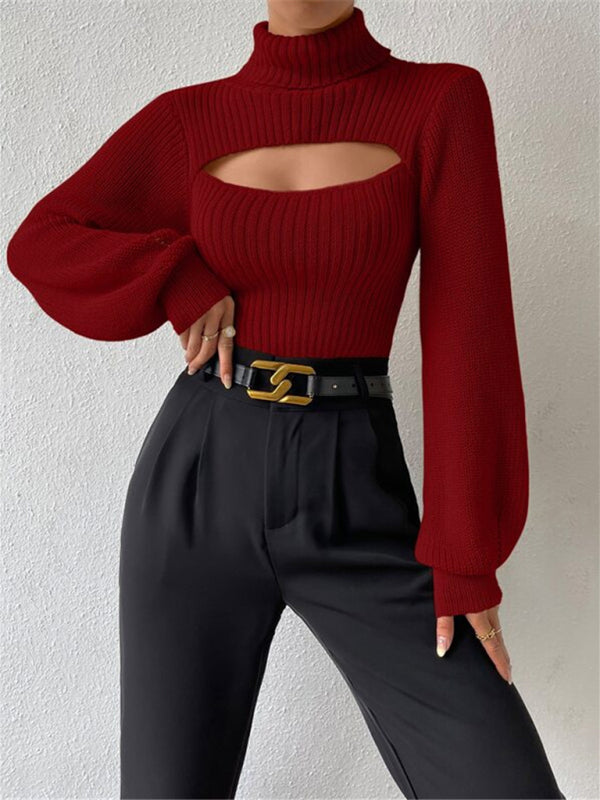 Sweaters- Elegant Rib-Knit Turtleneck Sweater with Cutout Front- Wine Red- IndioGear Clothing and Gear