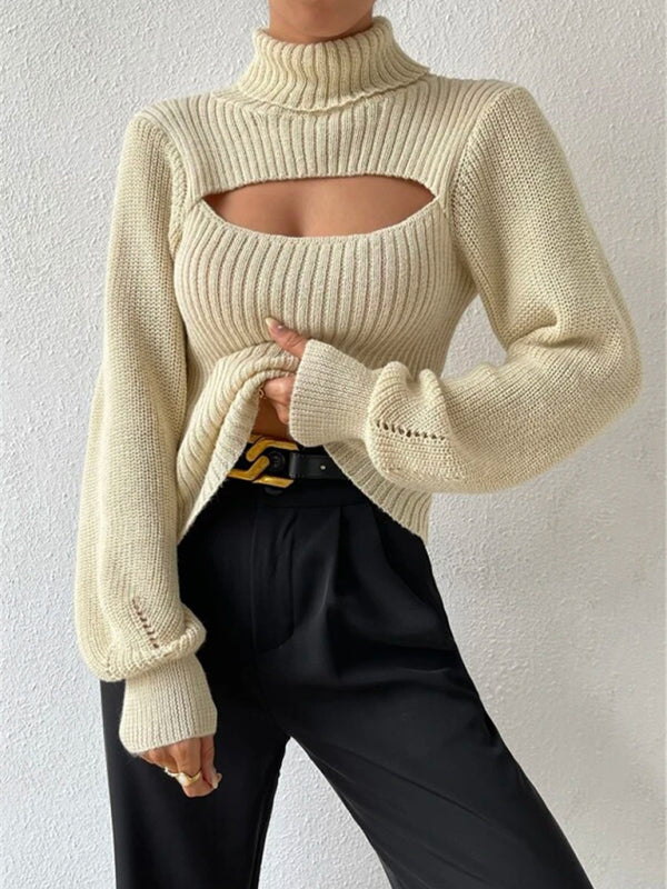 Sweaters- Elegant Rib-Knit Turtleneck Sweater with Cutout Front- - IndioGear Clothing and Gear