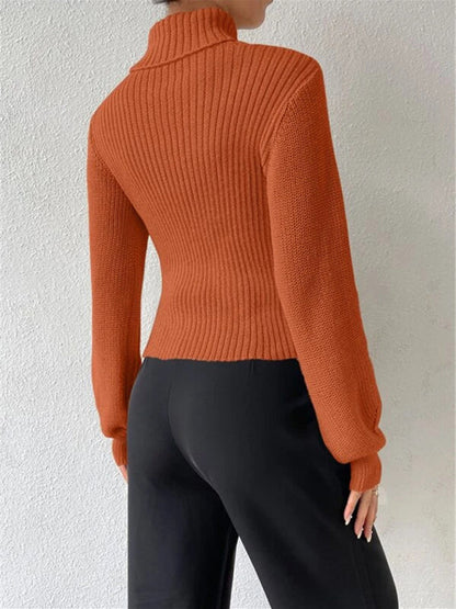 Sweaters- Elegant Rib-Knit Turtleneck Sweater with Cutout Front- - IndioGear Clothing and Gear