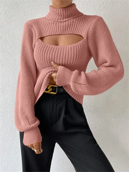 Sweaters- Elegant Rib-Knit Turtleneck Sweater with Cutout Front- - IndioGear Clothing and Gear