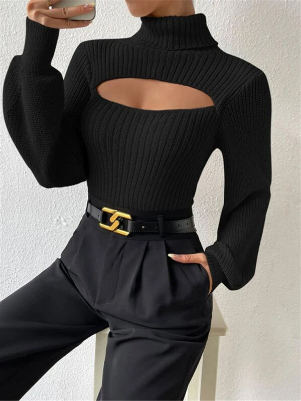 Sweaters- Elegant Rib-Knit Turtleneck Sweater with Cutout Front- - IndioGear Clothing and Gear