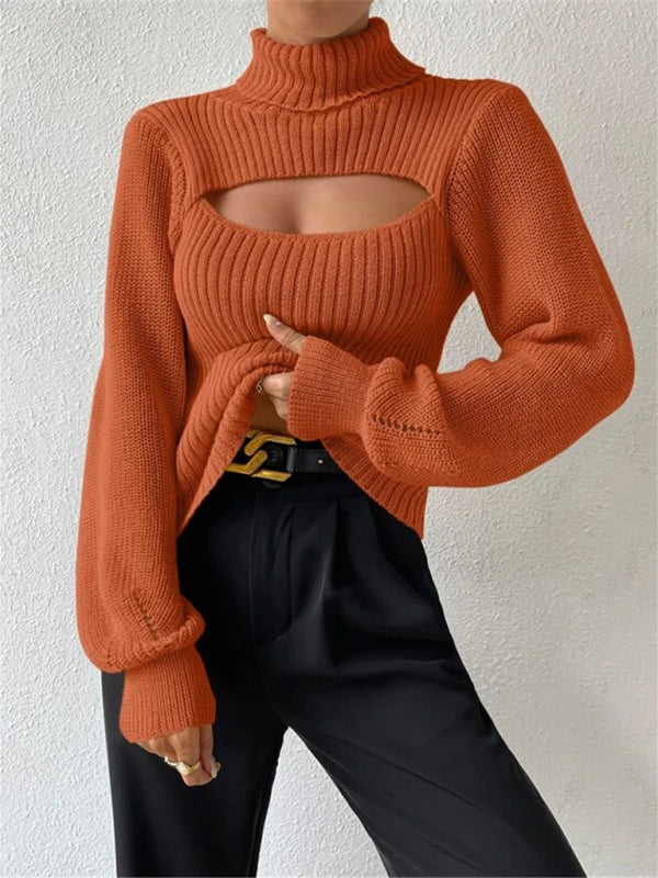 Sweaters- Elegant Rib-Knit Turtleneck Sweater with Cutout Front- - IndioGear Clothing and Gear