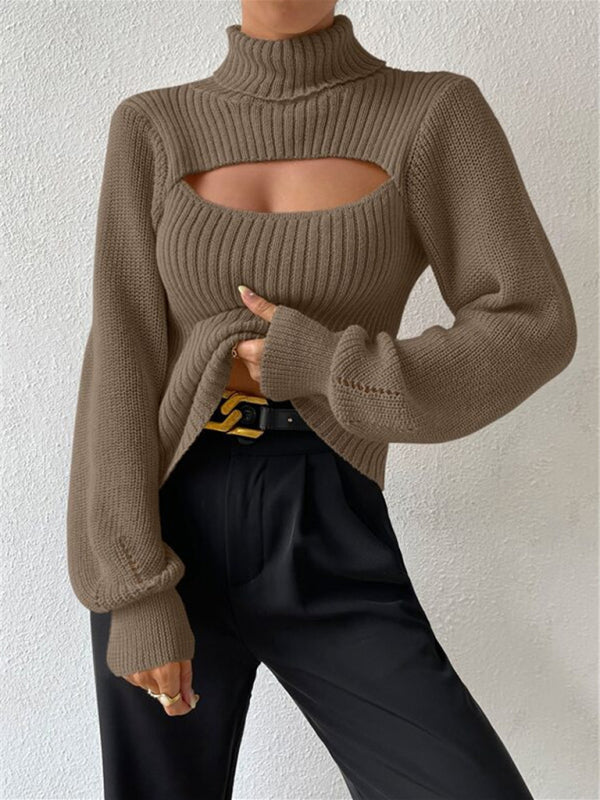 Sweaters- Elegant Rib-Knit Turtleneck Sweater with Cutout Front- - IndioGear Clothing and Gear