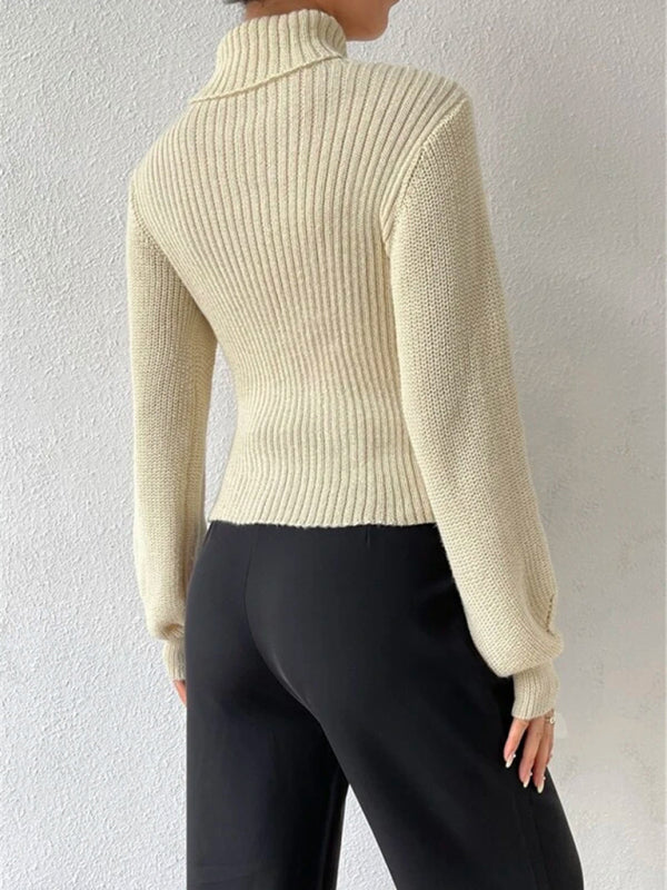 Sweaters- Elegant Rib-Knit Turtleneck Sweater with Cutout Front- - IndioGear Clothing and Gear