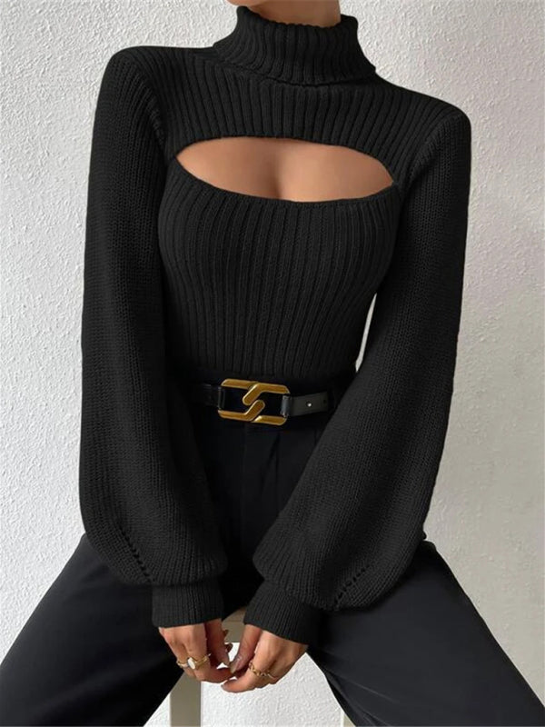 Sweaters- Elegant Rib-Knit Turtleneck Sweater with Cutout Front- - IndioGear Clothing and Gear