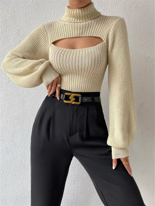 Sweaters- Elegant Rib-Knit Turtleneck Sweater with Cutout Front- Cracker khaki- IndioGear Clothing and Gear