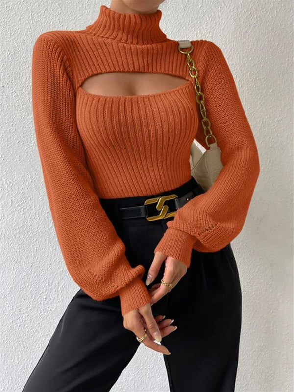 Sweaters- Elegant Rib-Knit Turtleneck Sweater with Cutout Front- - IndioGear Clothing and Gear