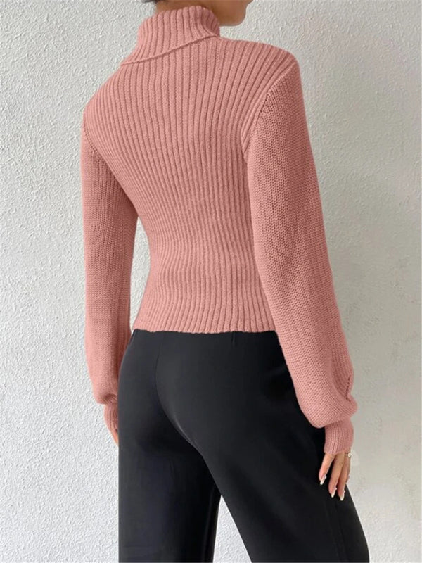 Sweaters- Elegant Rib-Knit Turtleneck Sweater with Cutout Front- - IndioGear Clothing and Gear