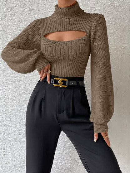 Sweaters- Elegant Rib-Knit Turtleneck Sweater with Cutout Front- Khaki- IndioGear Clothing and Gear