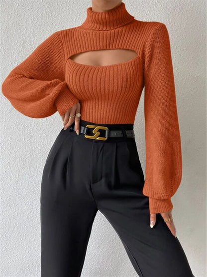 Sweaters- Elegant Rib-Knit Turtleneck Sweater with Cutout Front- Orange- IndioGear Clothing and Gear