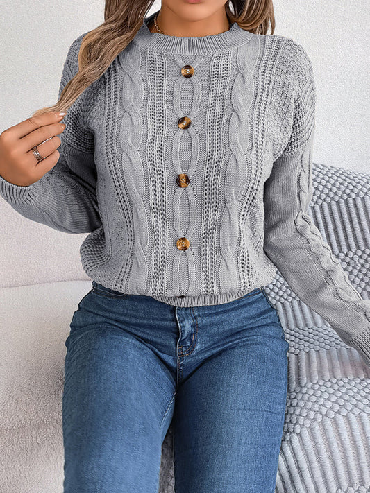 Sweaters- Fall/Winter Button Applique Cable Knit Crew Neck Sweater- Grey- IndioGear Clothing and Gear