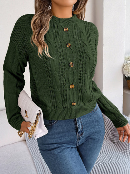 Sweaters- Fall/Winter Button Applique Cable Knit Crew Neck Sweater- - IndioGear Clothing and Gear