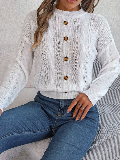 Sweaters- Fall/Winter Button Applique Cable Knit Crew Neck Sweater- - IndioGear Clothing and Gear