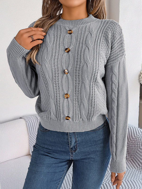 Sweaters- Fall/Winter Button Applique Cable Knit Crew Neck Sweater- - IndioGear Clothing and Gear