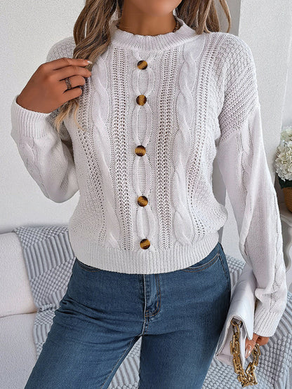 Sweaters- Fall/Winter Button Applique Cable Knit Crew Neck Sweater- White- IndioGear Clothing and Gear