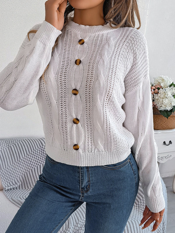 Sweaters- Fall/Winter Button Applique Cable Knit Crew Neck Sweater- - IndioGear Clothing and Gear