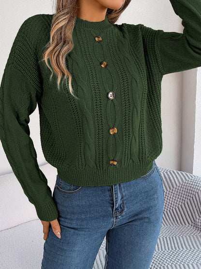 Sweaters- Fall/Winter Button Applique Cable Knit Crew Neck Sweater- - IndioGear Clothing and Gear