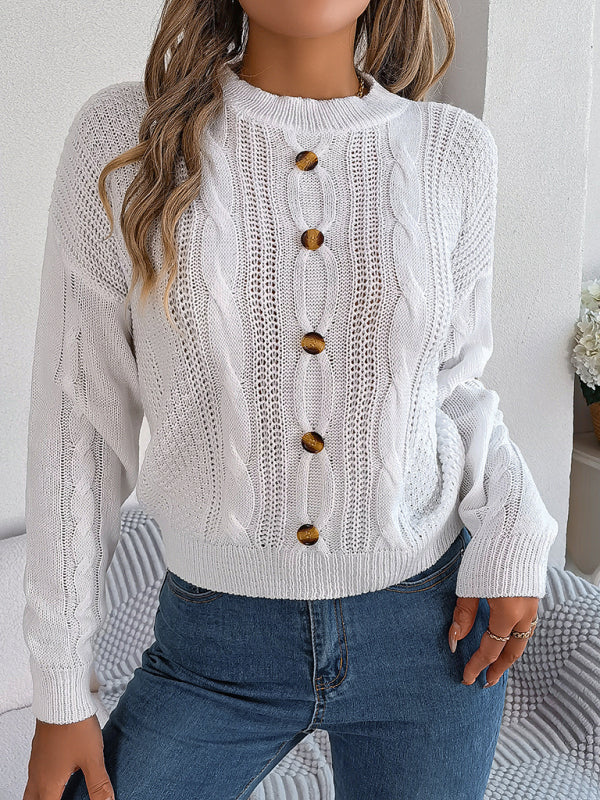 Sweaters- Fall/Winter Button Applique Cable Knit Crew Neck Sweater- - IndioGear Clothing and Gear