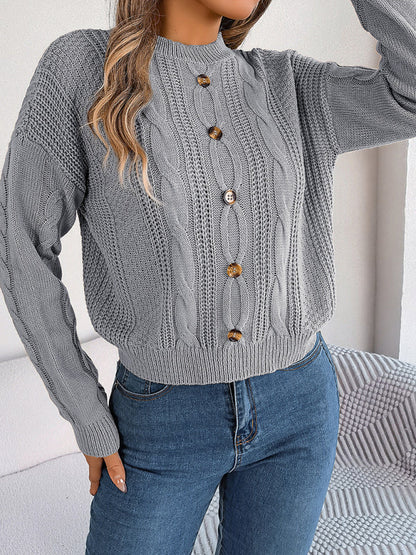 Sweaters- Fall/Winter Button Applique Cable Knit Crew Neck Sweater- - IndioGear Clothing and Gear