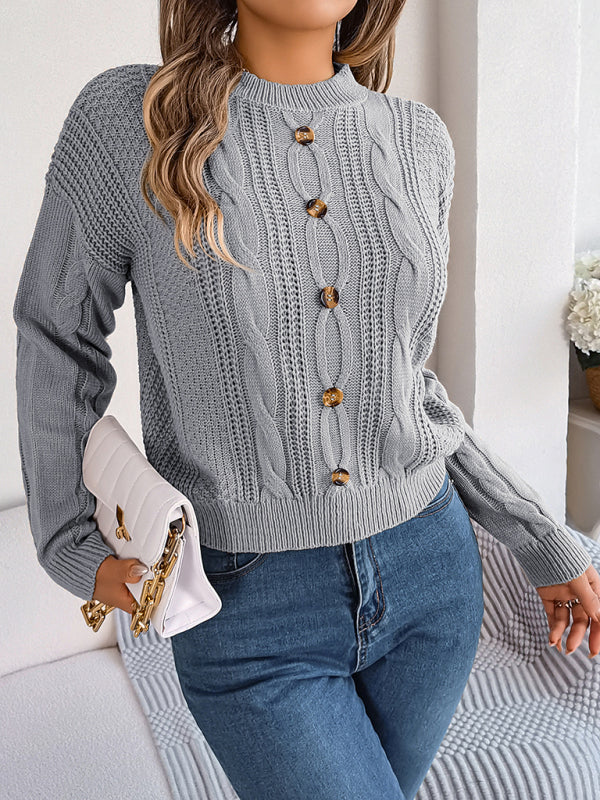 Sweaters- Fall/Winter Button Applique Cable Knit Crew Neck Sweater- - IndioGear Clothing and Gear