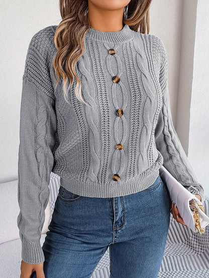 Sweaters- Fall/Winter Button Applique Cable Knit Crew Neck Sweater- - IndioGear Clothing and Gear