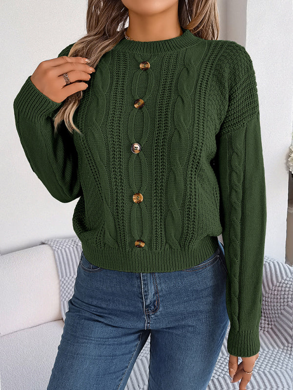 Sweaters- Fall/Winter Button Applique Cable Knit Crew Neck Sweater- - IndioGear Clothing and Gear