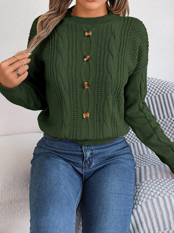 Sweaters- Fall/Winter Button Applique Cable Knit Crew Neck Sweater- Olive green- IndioGear Clothing and Gear