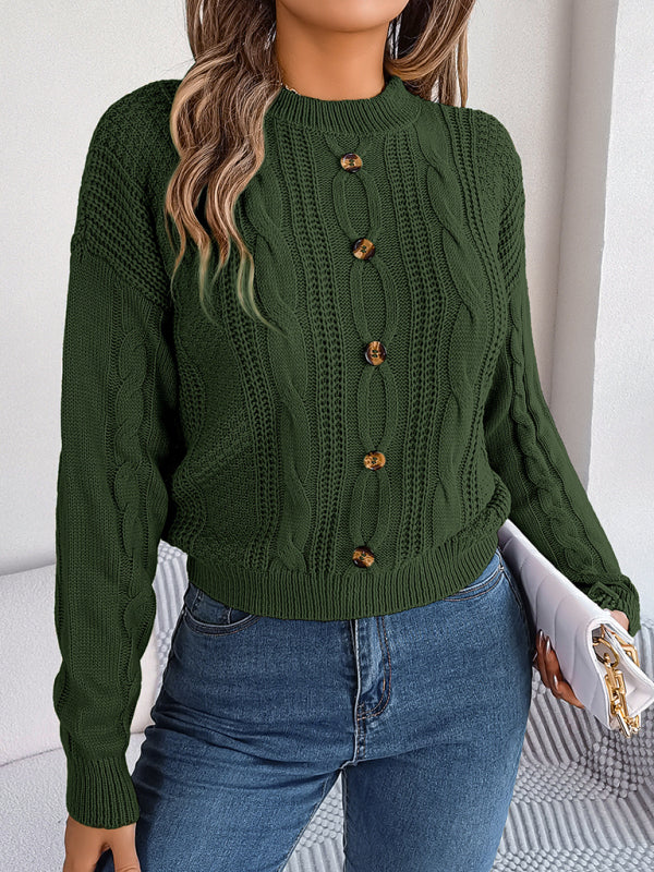 Sweaters- Fall/Winter Button Applique Cable Knit Crew Neck Sweater- - IndioGear Clothing and Gear