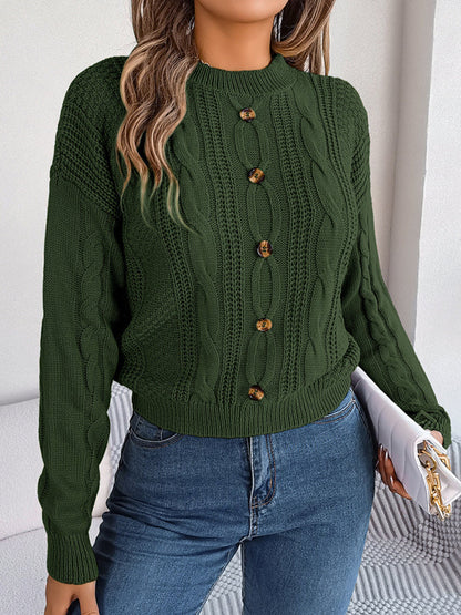 Sweaters- Fall/Winter Button Applique Cable Knit Crew Neck Sweater- - IndioGear Clothing and Gear