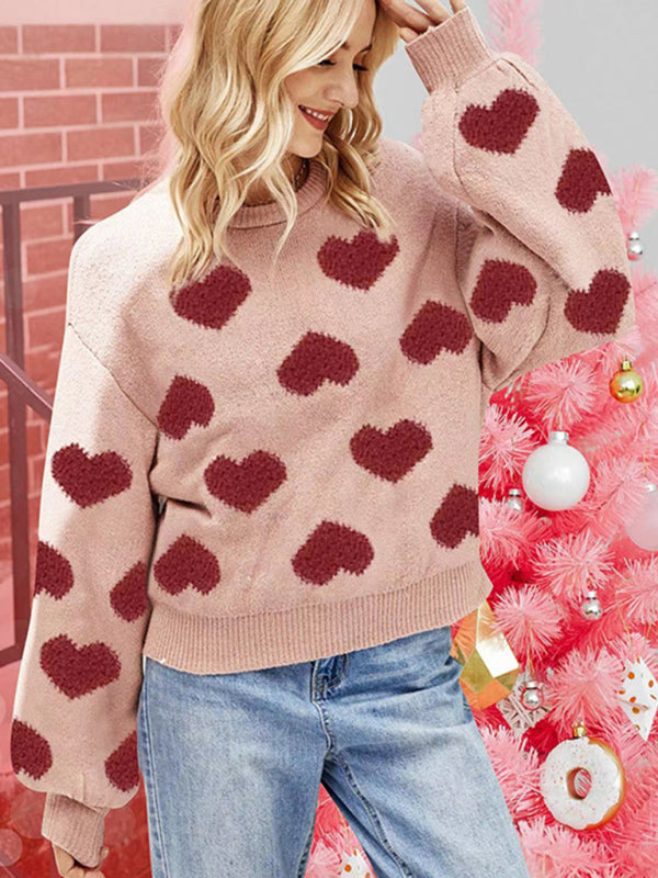 Sweaters- Fall in Love with Loose Fit Valentine’s Day Jacquard Sweater- Pink- IndioGear Fashion and Gear