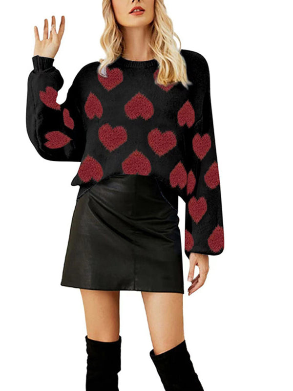 Sweaters- Fall in Love with Loose Fit Valentine’s Day Jacquard Sweater- - IndioGear Fashion and Gear