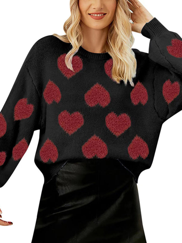 Sweaters- Fall in Love with Loose Fit Valentine’s Day Jacquard Sweater- Black- IndioGear Fashion and Gear